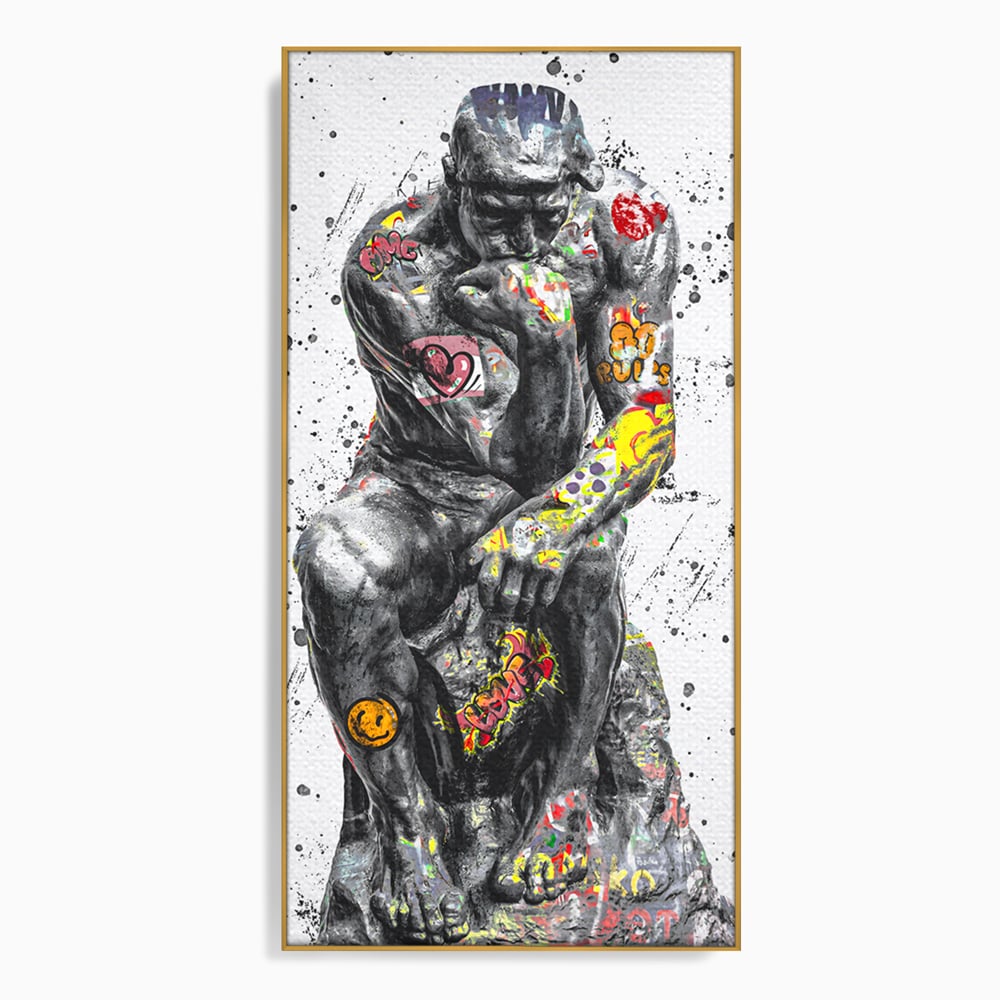 Tablou canvas cu tablou canvas cu statuia ganditorul, in rama de aluminiu auriu